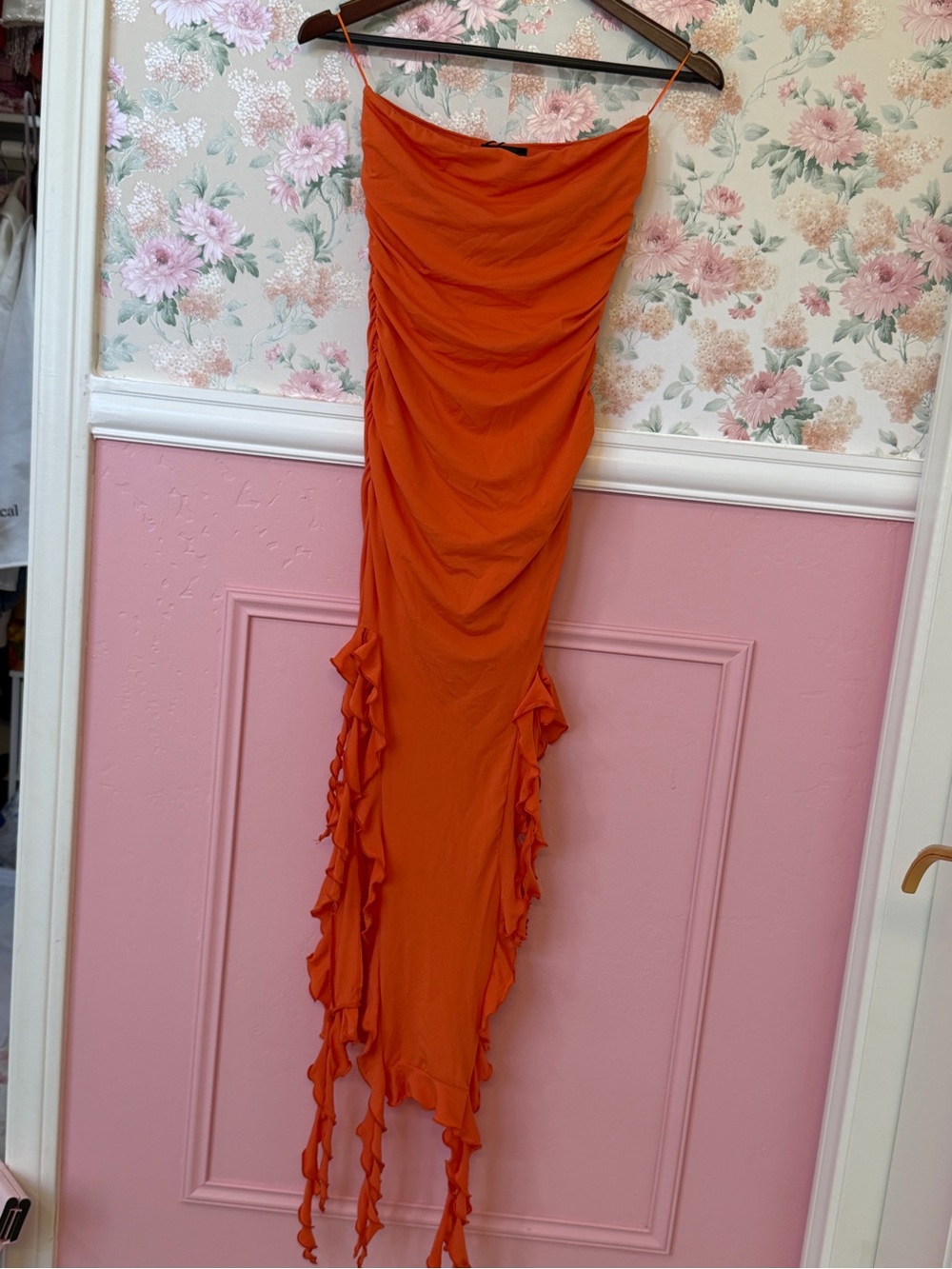 Bershka Strapless Orange Ruffle Midi Dress - Picture 2 of 6